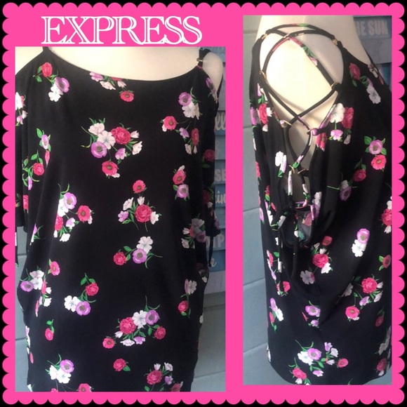 EXPRESS black floral print cold shoulder w/ lace up detail top like new   S-M - Picture 3 of 12
